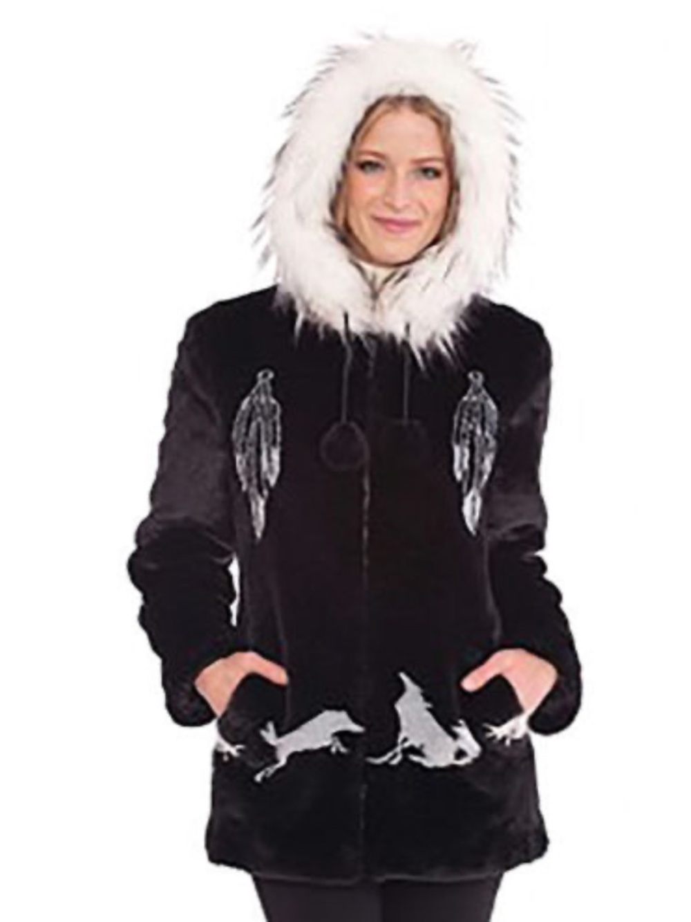 Women’s Black Faux Fur Hooded Coat with White Trim Black Mountain jacket